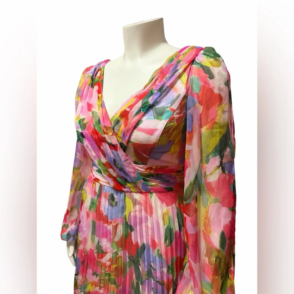 NWT Betsy & Adam Size 8 Floral Long Sleeve Cold Shoulder Pleated Gown Formal - Picture 6 of 12